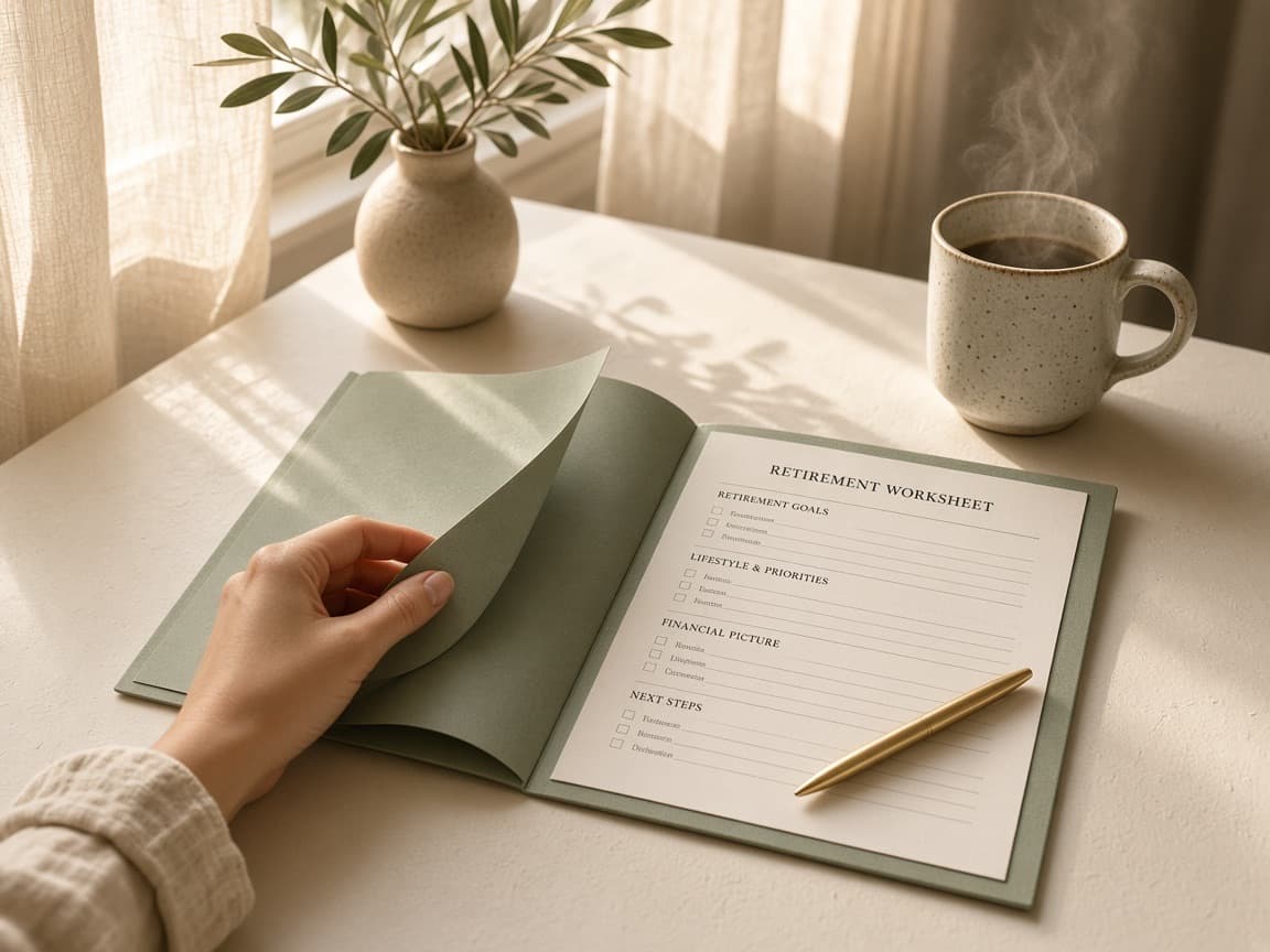 Hands reviewing a retirement worksheet on a wooden desk