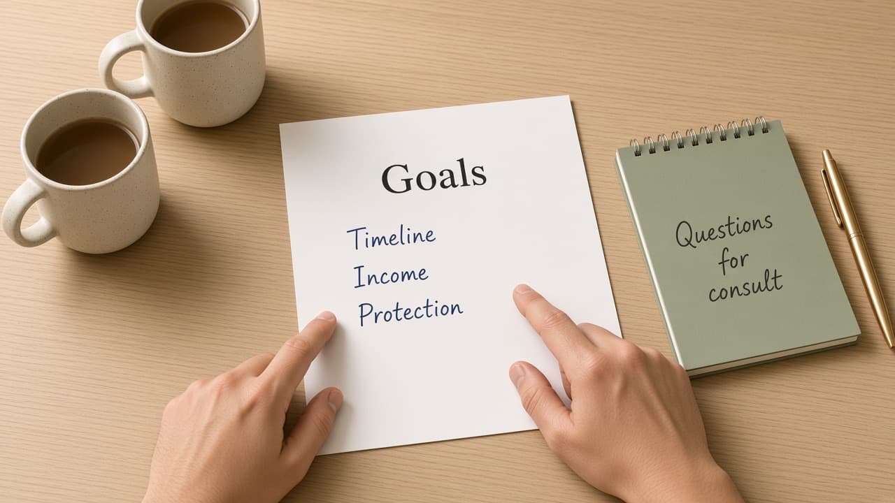 Hands pointing to retirement goals written on a notepad